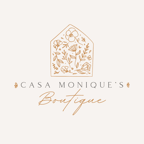The Casa Monique's Boutique logo, a line drawing of a little house full of flowers